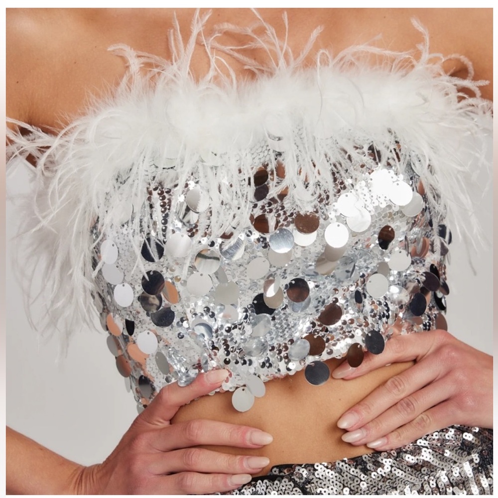 12th Tribe stella silver sequin and feather trim tube top